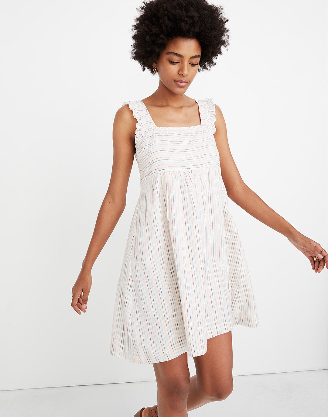 Ruffled Square-Neck Dress in Stitched Rainbow Stripe